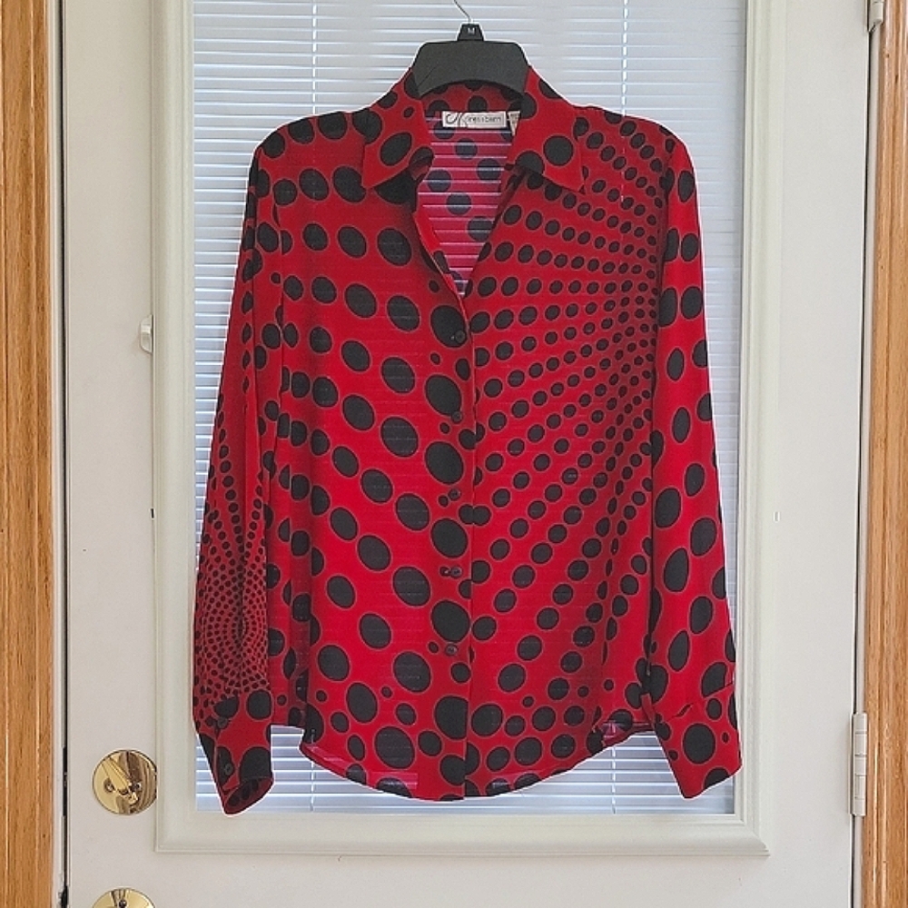 Vintage Dress Barn Red and Black Semi Sheer Button Down Shirt
